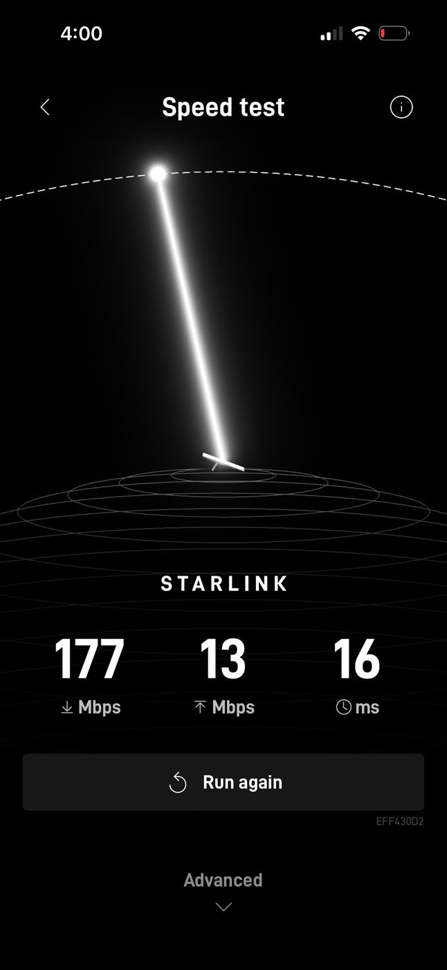 Starlink app speed test showing 177 Mbps down, 13 Mbps up, 16 ms latency
